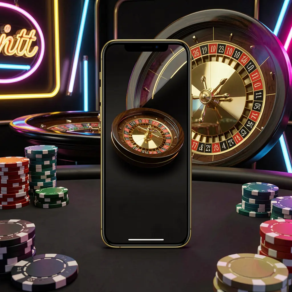 SG 99 mobile casino application scene featuring a phone in the center with a roulette wheel and poker chips in the background, illuminated by glowing neon lights in a premium black and gold style SG 99 mobile casino application scene featuring a phone in the center with a roulette wheel and poker chips in the background, illuminated by glowing neon lights in a premium black and gold style