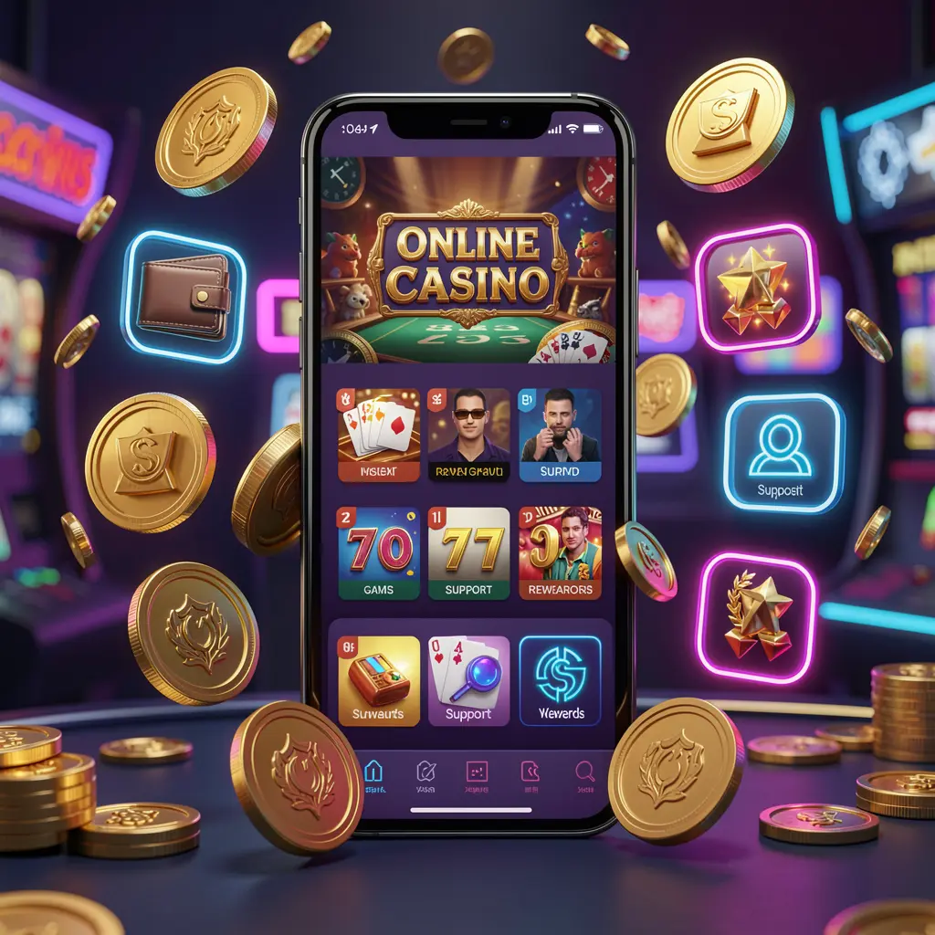 SG 99 online casino app features on a smartphone surrounded by icons for wallet, games, support, and rewards with golden coins and neon lights in a luxury 3D render SG 99 online casino app features on a smartphone surrounded by icons for wallet, games, support, and rewards with golden coins and neon lights in a luxury 3D render