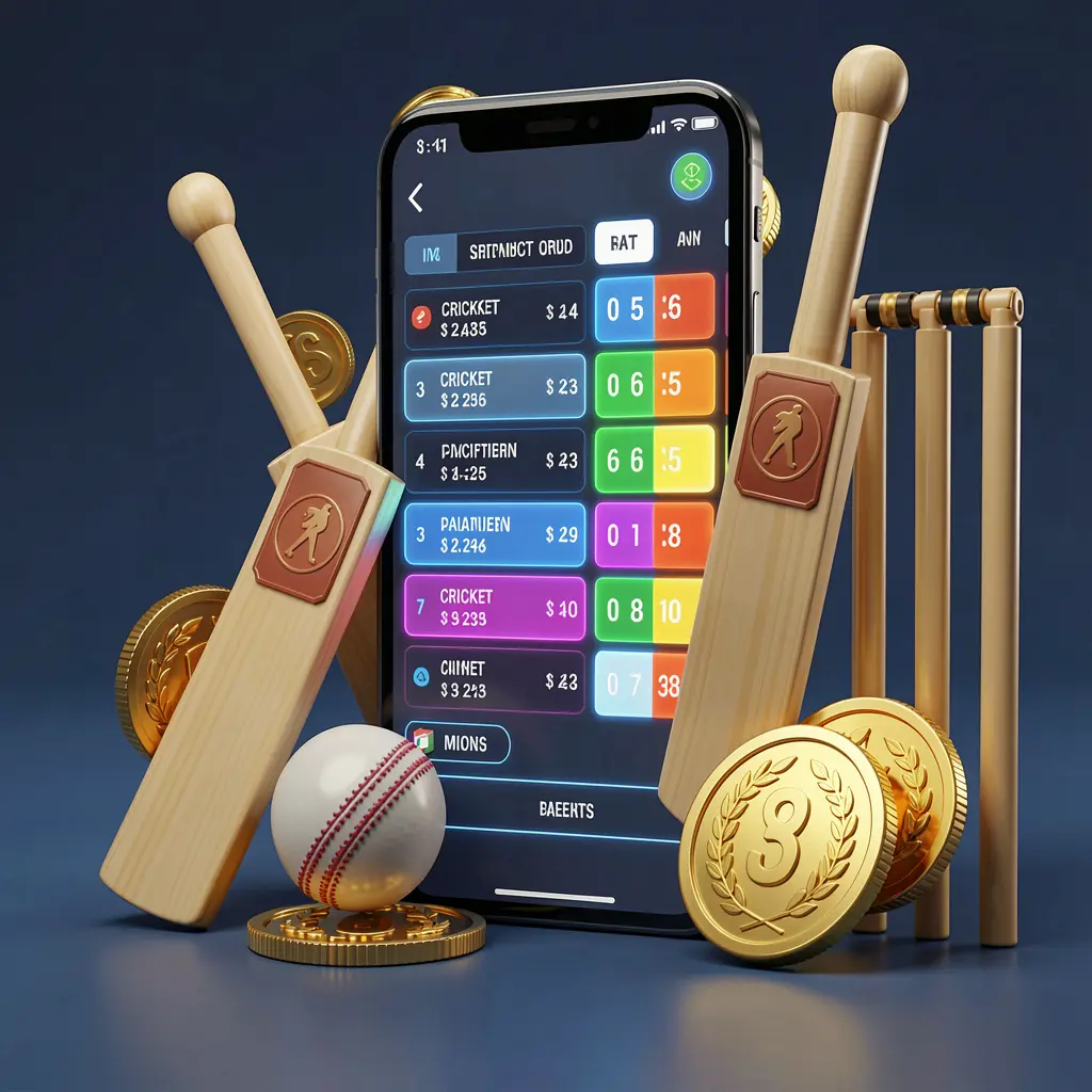 SG 99 modern cricket betting visual featuring a smartphone displaying glowing cricket odds interface surrounded by a cricket bat, ball, wickets, and golden coins in a premium 3D illustration
