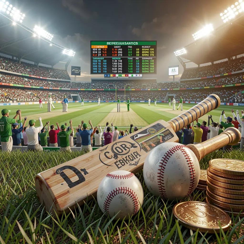 SG 99 premium cricket betting scene showing a cricket stadium filled with crowd, bat and ball in the foreground, digital odds graphics and coins under dramatic lighting in a high detail 3D render