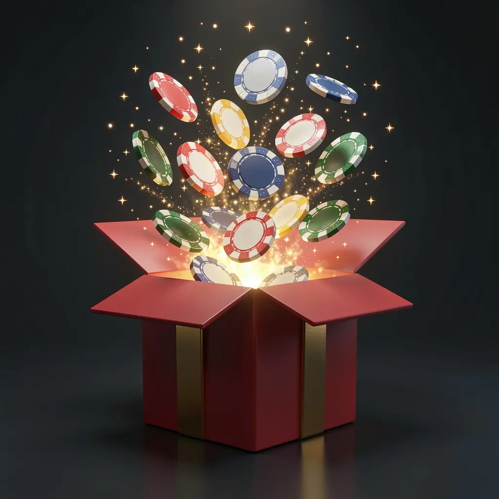 SG 99 no deposit bonus visual showing free casino chips emerging from a glowing gift box with magical sparkles on a dark premium background in a realistic 3D render SG 99 no deposit bonus visual showing free casino chips emerging from a glowing gift box with magical sparkles on a dark premium background in a realistic 3D render