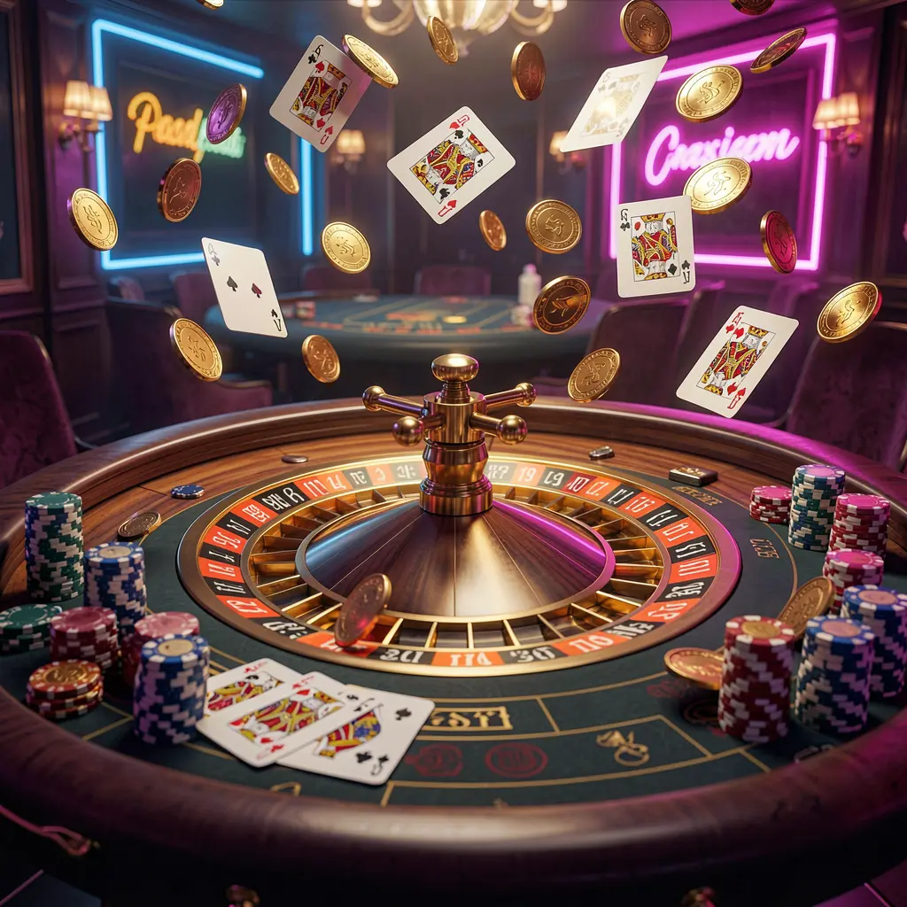 SG 99 premium casino gaming scene featuring an elegant roulette table with chips and cards, golden coins flying in the air under dramatic neon lighting in a high detail 3D render