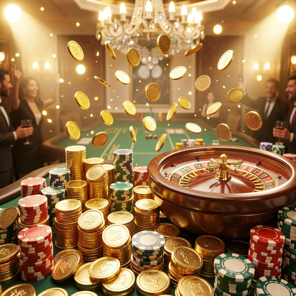 SG 99 casino jackpot scene featuring golden coins, colorful poker chips, a roulette wheel, and bright glowing lights creating a luxury celebration atmosphere in a realistic 3D render