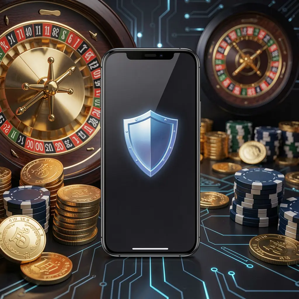 SG 99 secure mobile casino login screen showing a phone with a shield icon, roulette wheel, poker chips, and golden coins in a dark cyber luxury atmosphere