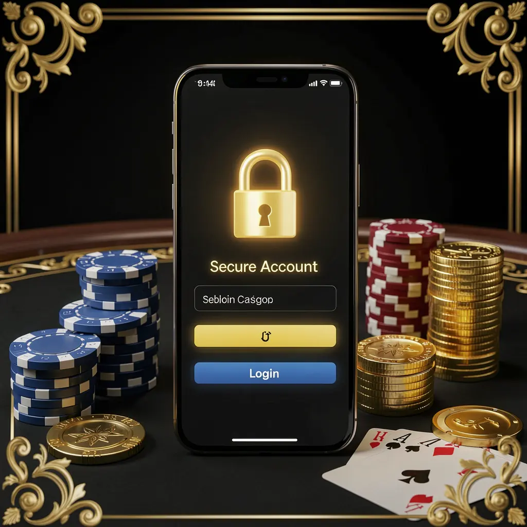 SG 99 secure casino account login concept with glowing lock icon on smartphone screen surrounded by poker chips, playing cards, and golden coins on an elegant black and gold background