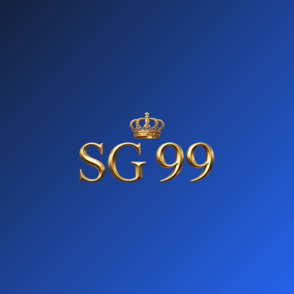SG 99 luxury brand logo with a gold metallic crown above the letters, featuring a royal design and a wide horizontal rectangular wordmark on a transparent background