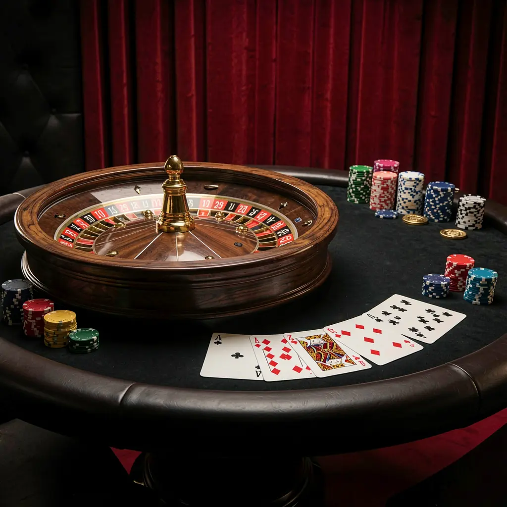 SG 99 online casino platform hero image featuring an elegant gaming table with roulette wheel, blackjack cards, poker chips, and coins under luxury cinematic lighting with a black and red background